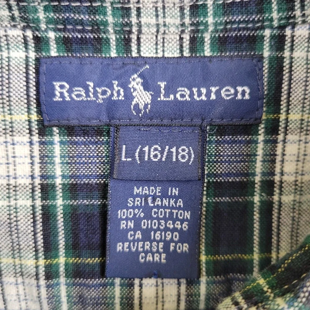 Ralph Lauren Button Down Shirt Boys L 16/18 Green Blue Plaid Long Sleeve